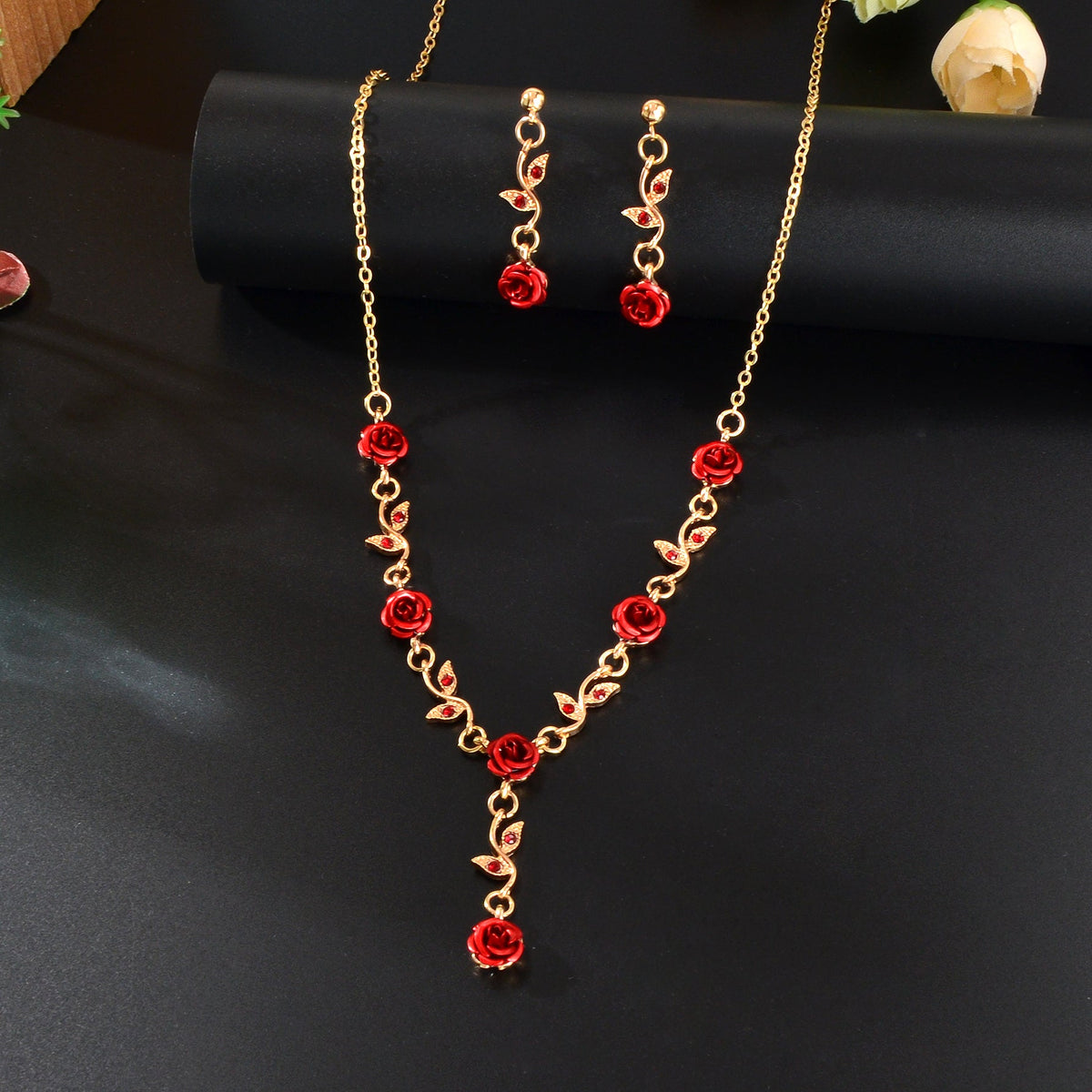 Golden Leaf Red Hot Pink Flower Pendant Necklace Dangle Earrings Jewellery set-2