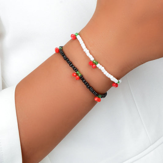 Boho 2 pcs Stackable White Black Seed Beads Stretch Elastic Red Cherry Bracelets-0