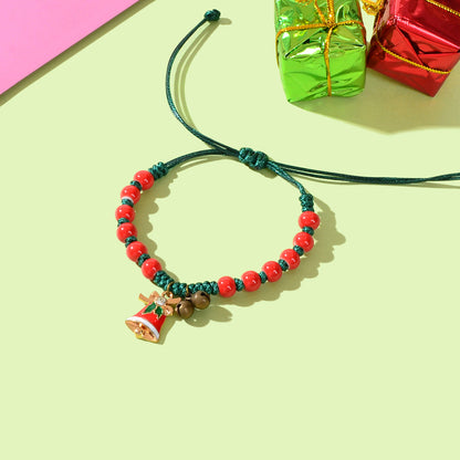 Xmas Gift Jewellery Green Braided Rope Red Beaded Bell Charm Adjustable Bracelet-0