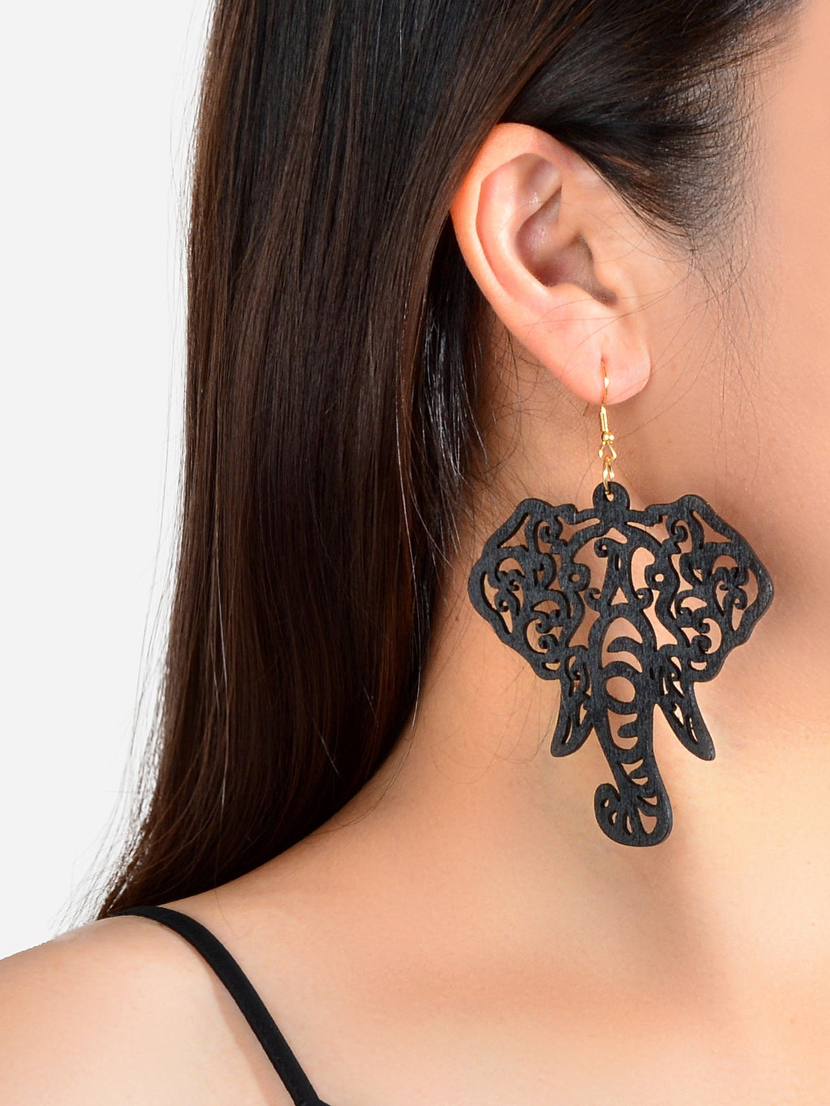 American Jewellery Indian Black Hollow Wood Elephant Big Ethnic Dangle Earrings-0