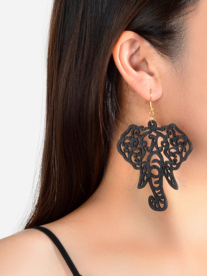 American Jewellery Indian Black Hollow Wood Elephant Big Ethnic Dangle Earrings-0