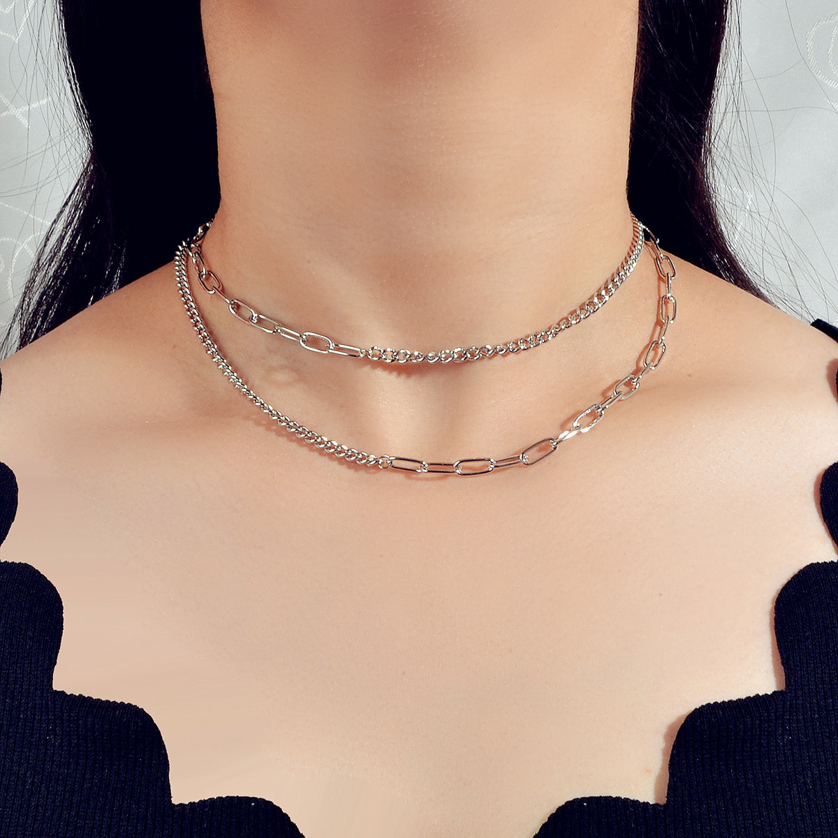 Punk Jewelry Silver Double layer Chain Necklace Wholesale Price Women Accessory-0