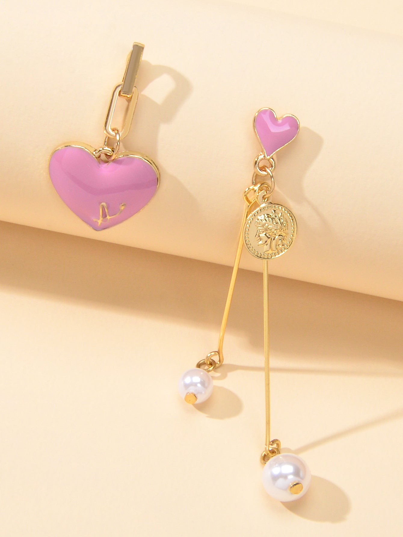Valentine's Day Jewellery Pearl Cion Charm Pink Enamel Heart Asymmetric Earrings-0