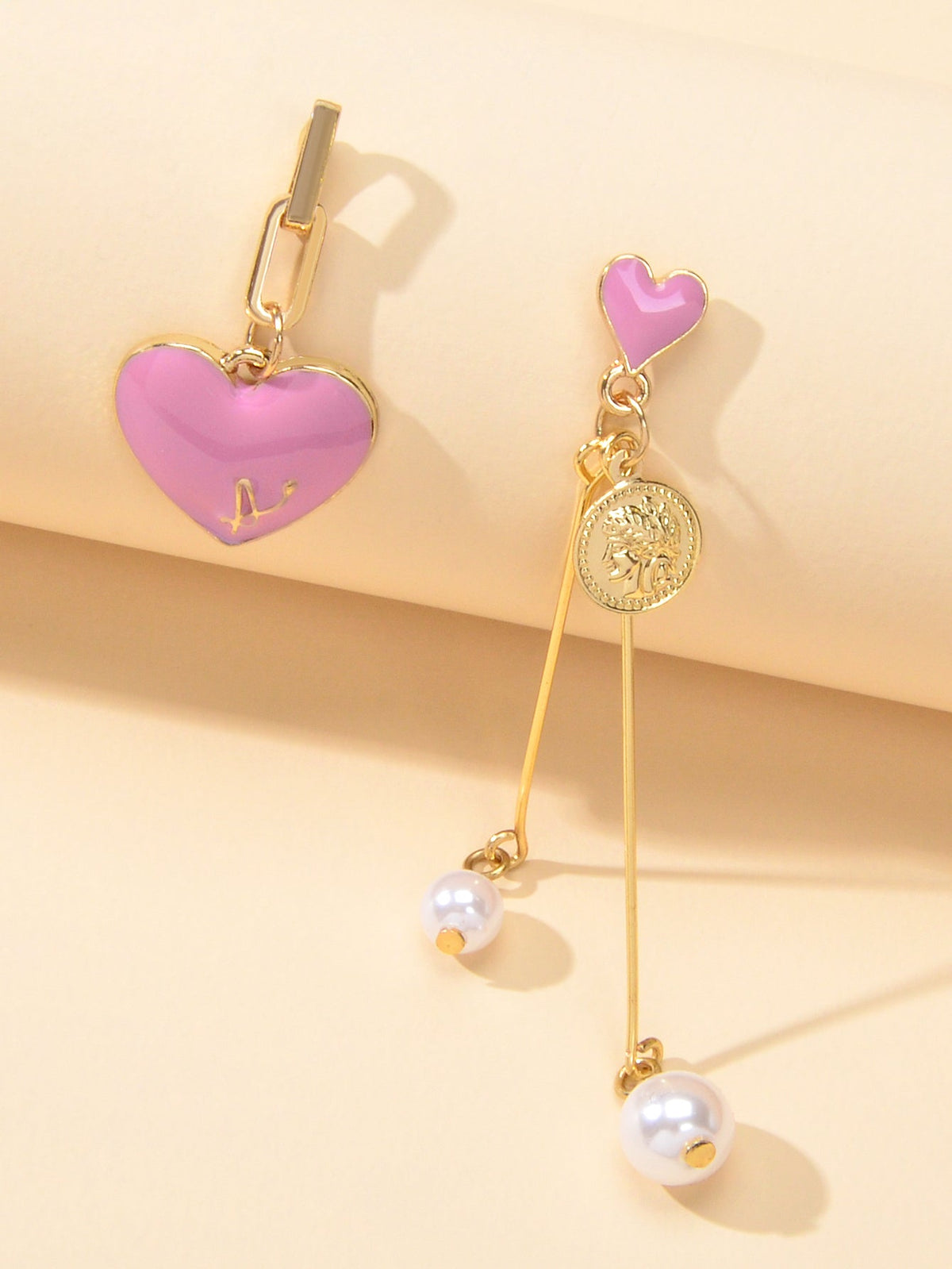 Valentine's Day Jewellery Pearl Cion Charm Pink Enamel Heart Asymmetric Earrings-0