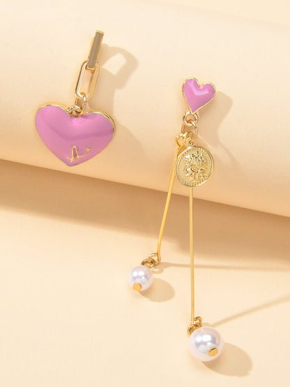 Valentine's Day Jewellery Pearl Cion Charm Pink Enamel Heart Asymmetric Earrings-0