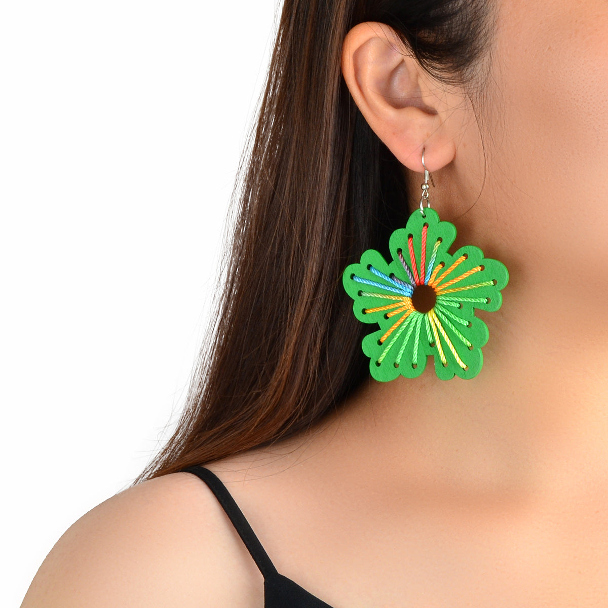Boho Handmade Jewellery Colorful Rope Braided Green Flower Wood Holiday Earrings-0