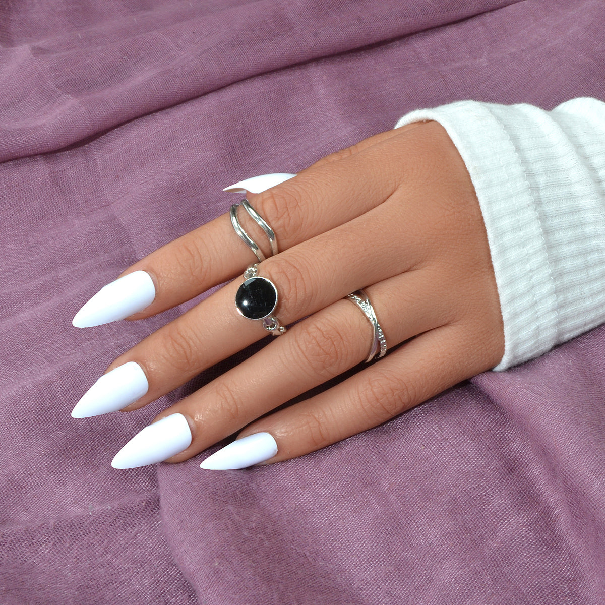 Multiple 3pcs Round Black White Metal Knuckle Stackable Midi Finger Rings Set-4