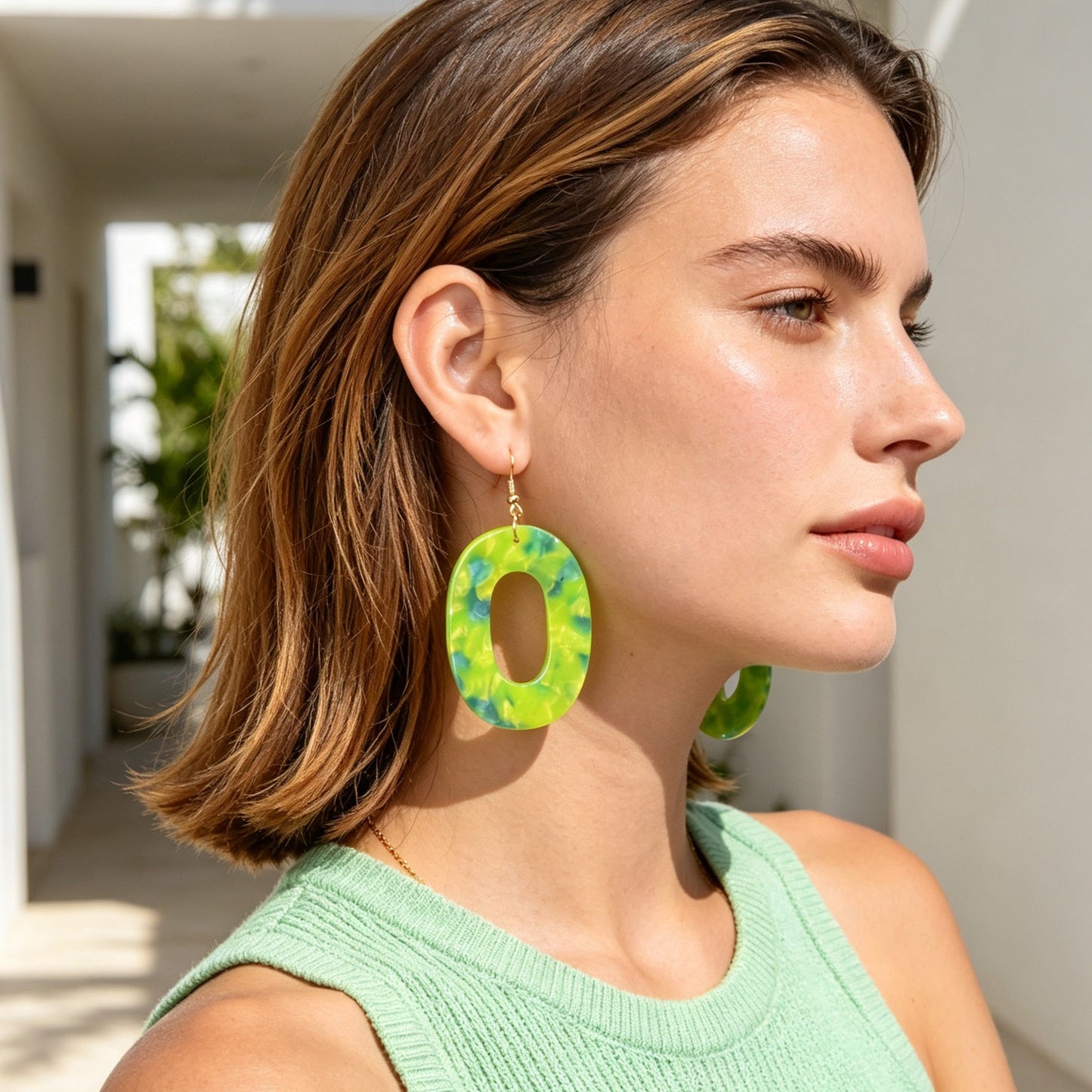 Boho Green Marble Grain Hollow Geometric Acrylic Dangle Earrings Beach Holiday Pool Party Jewelry-0