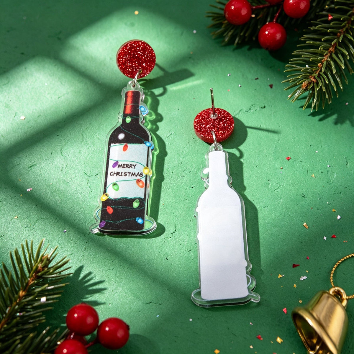 Novelty Christmas Red Disk Wine Bottle Dangle Earring Acrylic Xmas Party Jewelry-3