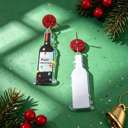 Novelty Christmas Red Disk Wine Bottle Dangle Earring Acrylic Xmas Party Jewelry-3