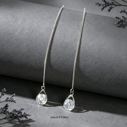 Silver Long Thin Chain Glitter Water Drop Dangle Earrings Dainty Ear Line Elegant Party Banquet Jewelry-4