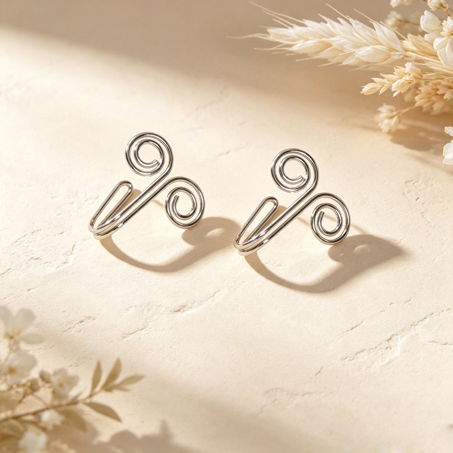 2pcs Unique Double Swirl Wire Wrap Ear Cuff Dainty Non Piercing Silver Ear Clips-2
