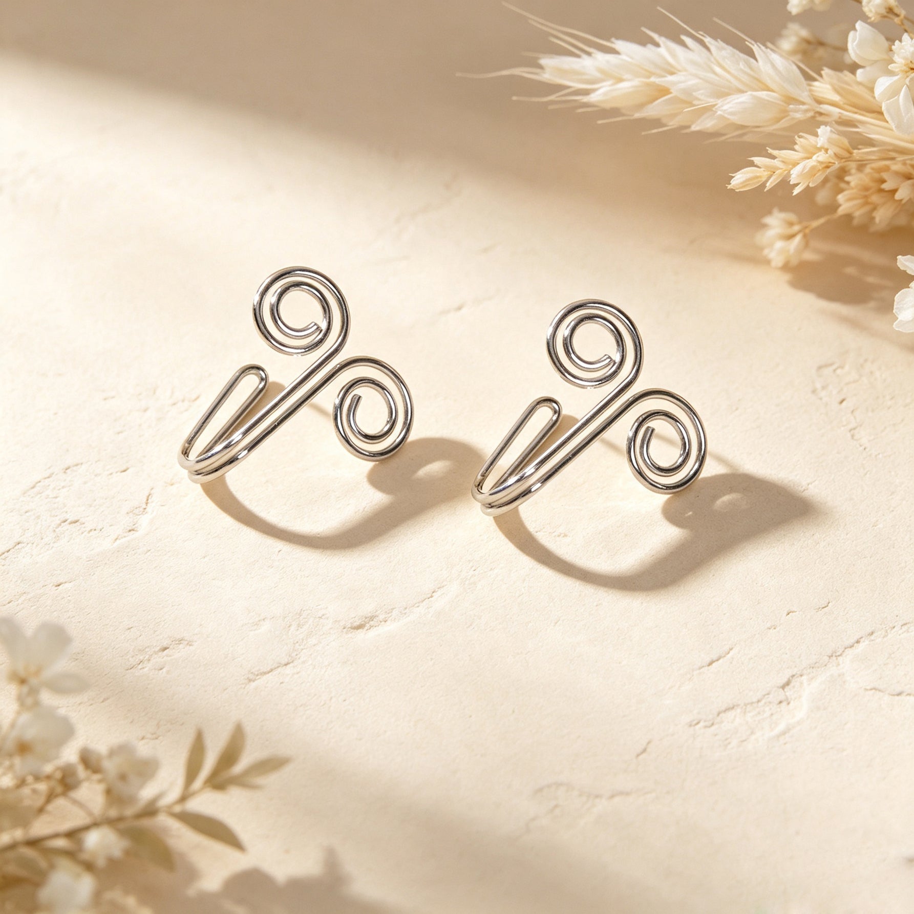 2pcs Unique Double Swirl Wire Wrap Ear Cuff Dainty Non Piercing Silver Ear Clips-2