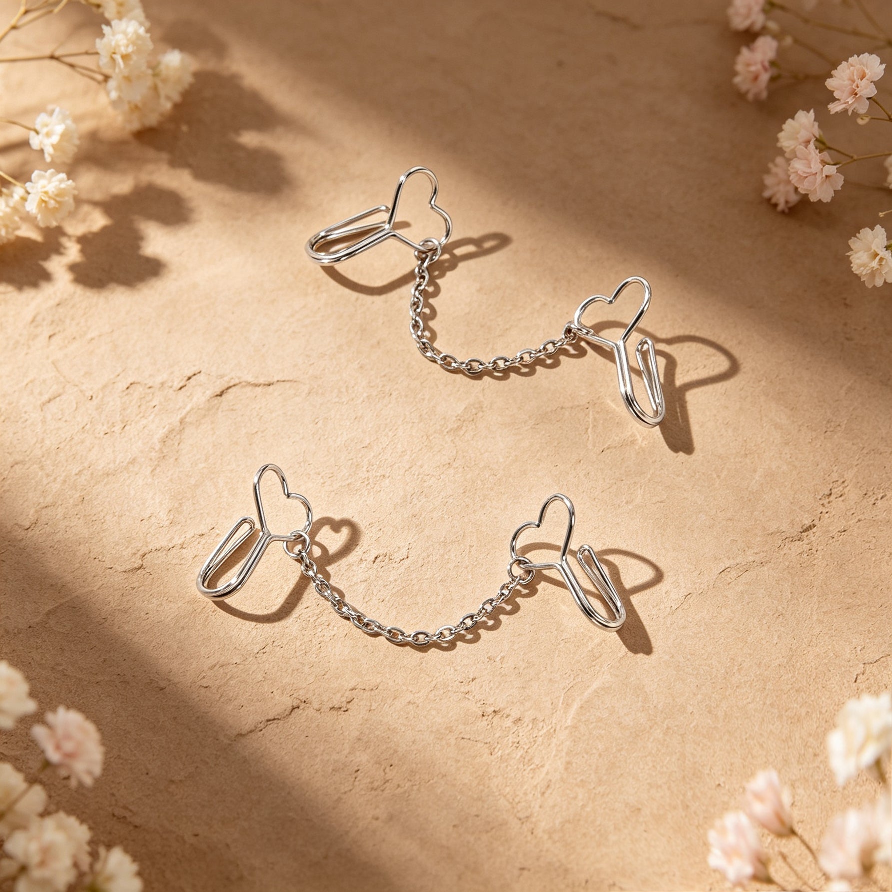2pcs Heart Silver Chain Clip‑on Ear Cuffs No Piercing Fashion Vintage Earrings-4
