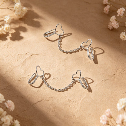 2pcs Heart Silver Chain Clip‑on Ear Cuffs No Piercing Fashion Vintage Earrings-4