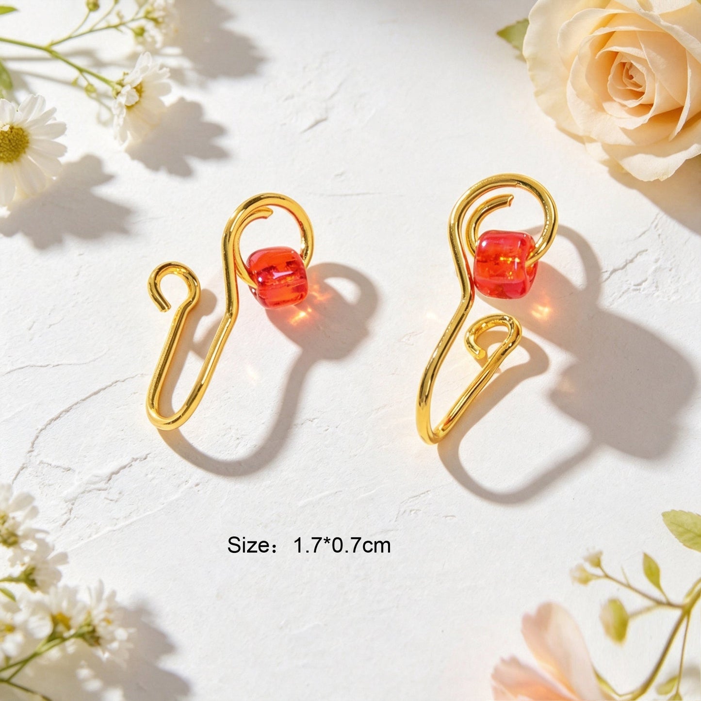 2pcs Summer Beach Vacation Red Bead Ear Cuffs No Piercing Gold Minimal Ear Clips-3