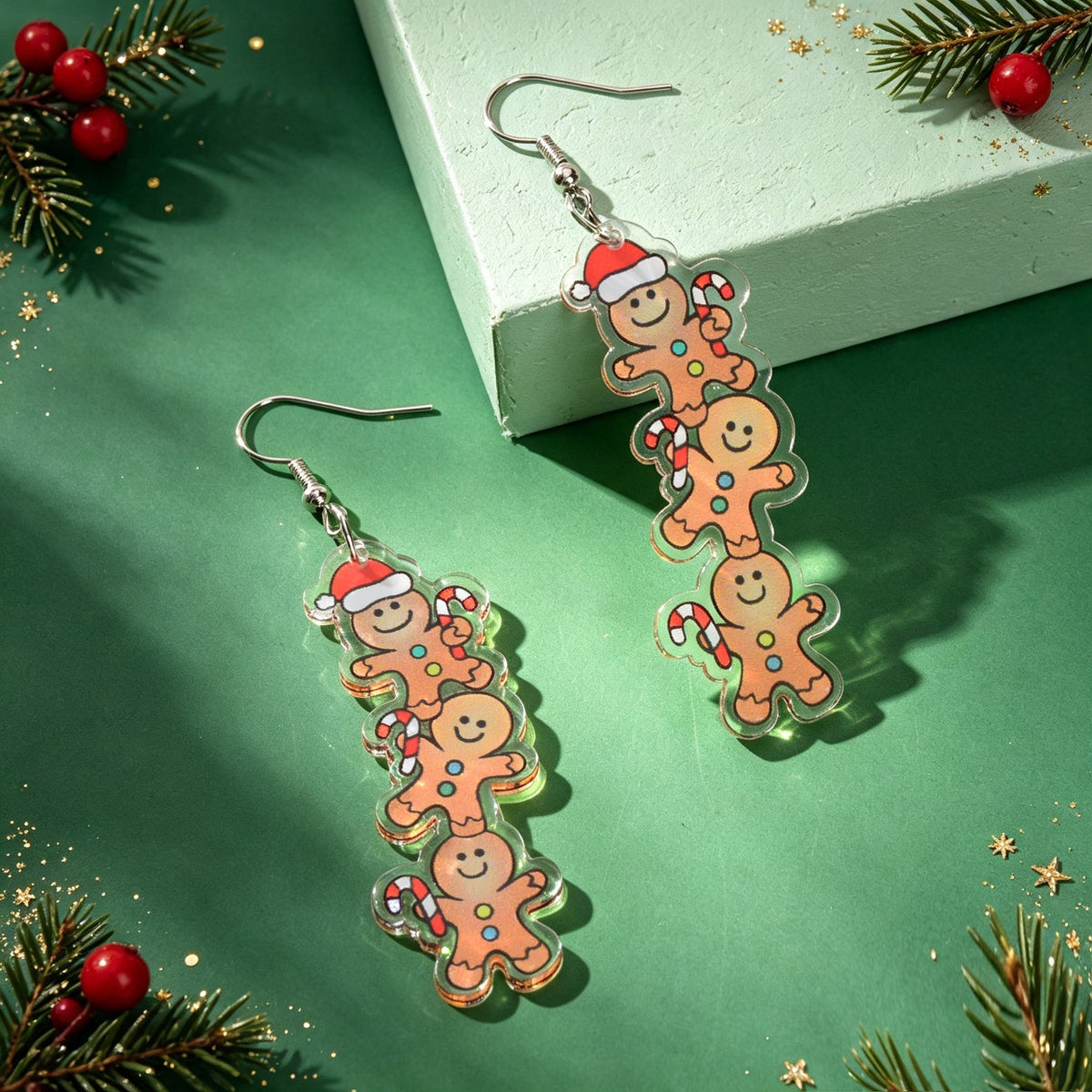 Lovely Xmas Stacked Gingerbread Man Acrylic Dangle Earrings Cartoon Festival Party Accessories Gift-3