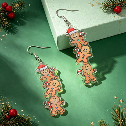 Lovely Xmas Stacked Gingerbread Man Acrylic Dangle Earrings Cartoon Festival Party Accessories Gift-3