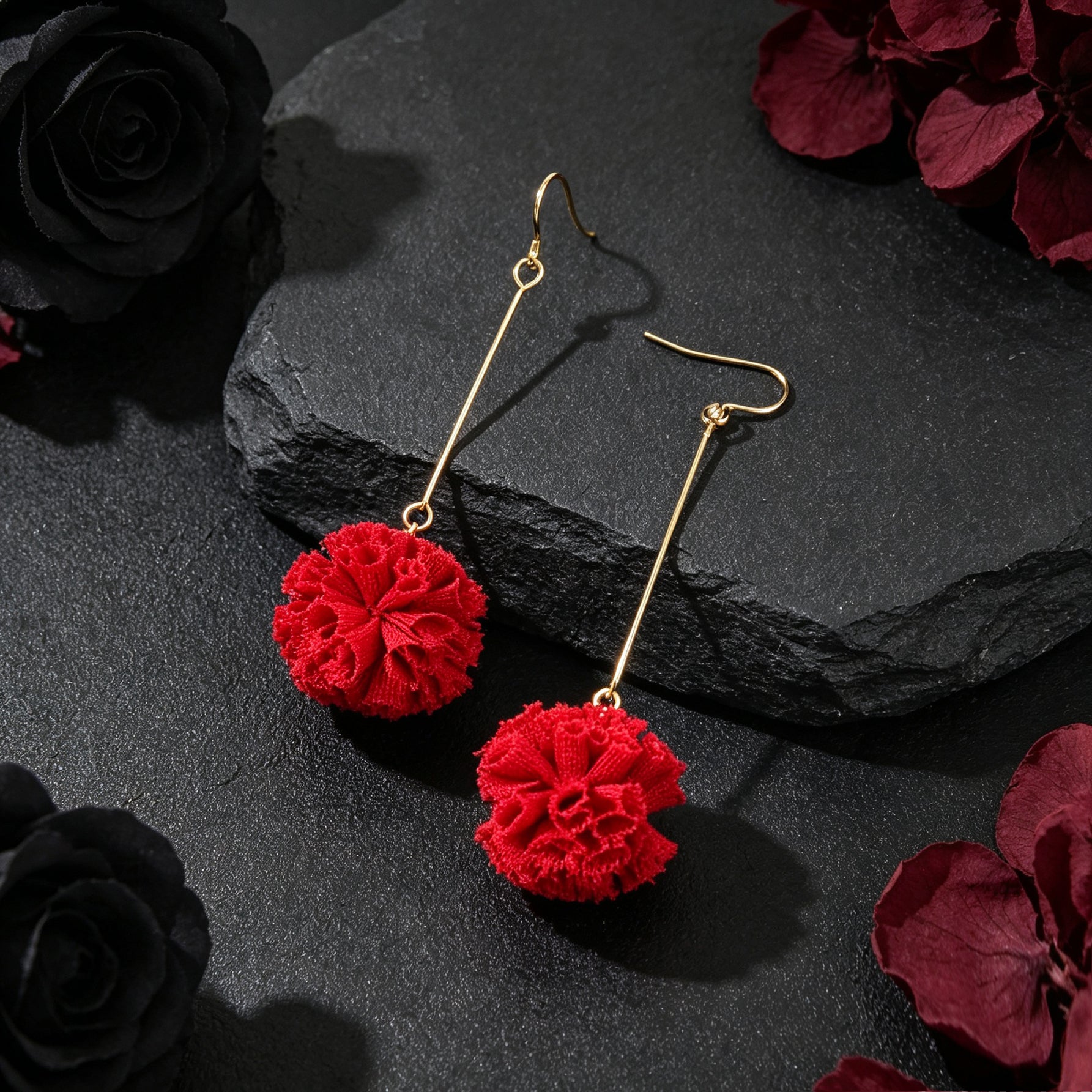Romantic Red Fabric Flower Long Dangle Earrings Wedding Festival Party Jewelry-3