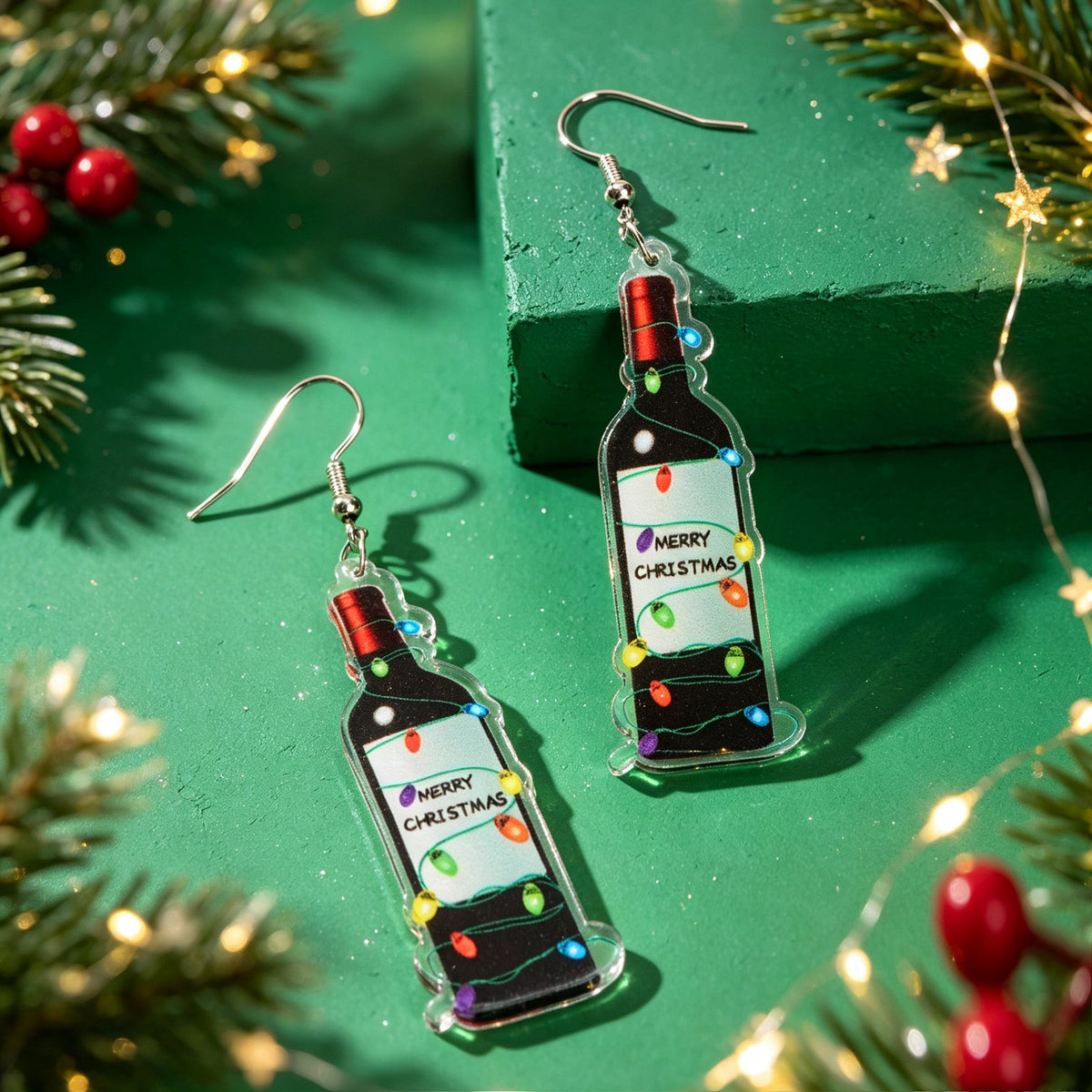 Colorful Light Decor Wine Bottle Dangle Earrings Christmas Festival Party Bar Fashion Jewelry-3
