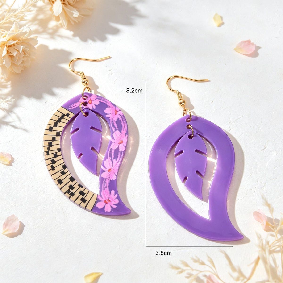 Boho Piano Key Floral Pattern Purple Acrylic Leaf Dangle Earrings Party Vacation Photoshoot Jewelry-2