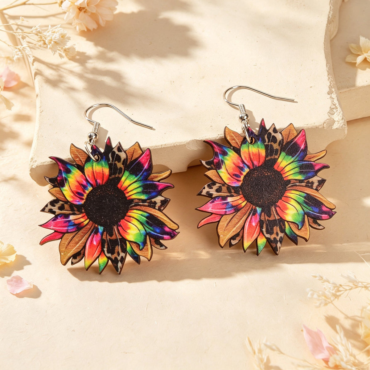 Boho Colorful Sunflower Wooden Dangle Earrings Beach Vacation Party Photoshoot Jewelry-4