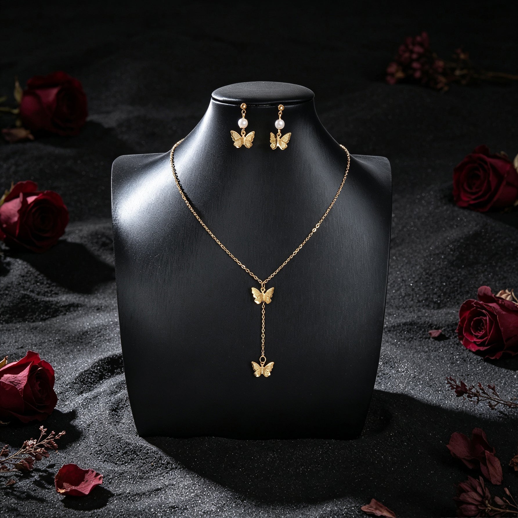 Gold Butterfly Set Y Drop Necklace Pearl Dangle Earrings Wedding Party Accessory-3