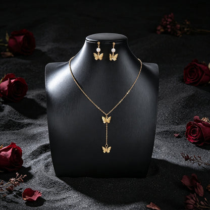 Gold Butterfly Set Y Drop Necklace Pearl Dangle Earrings Wedding Party Accessory-3