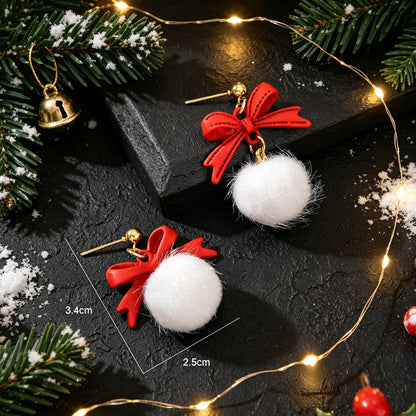 Christmas New Year Red Bow White Furry Ball Earrings Cute Party Jewellery Gift-3