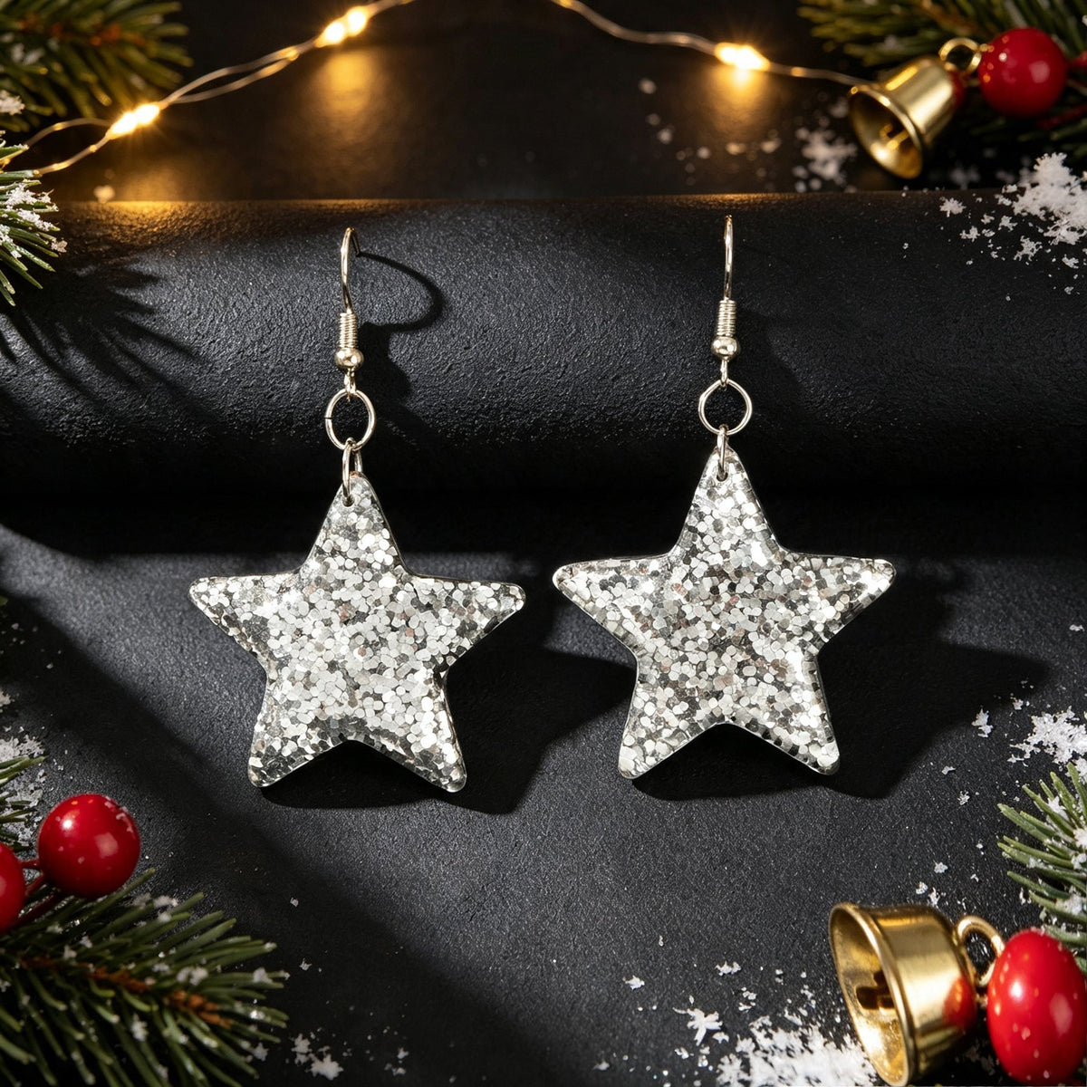 Xmas Silver Glitter Star Hook Dangle Earring Christmas Trendy Party Jewelry Gift-3