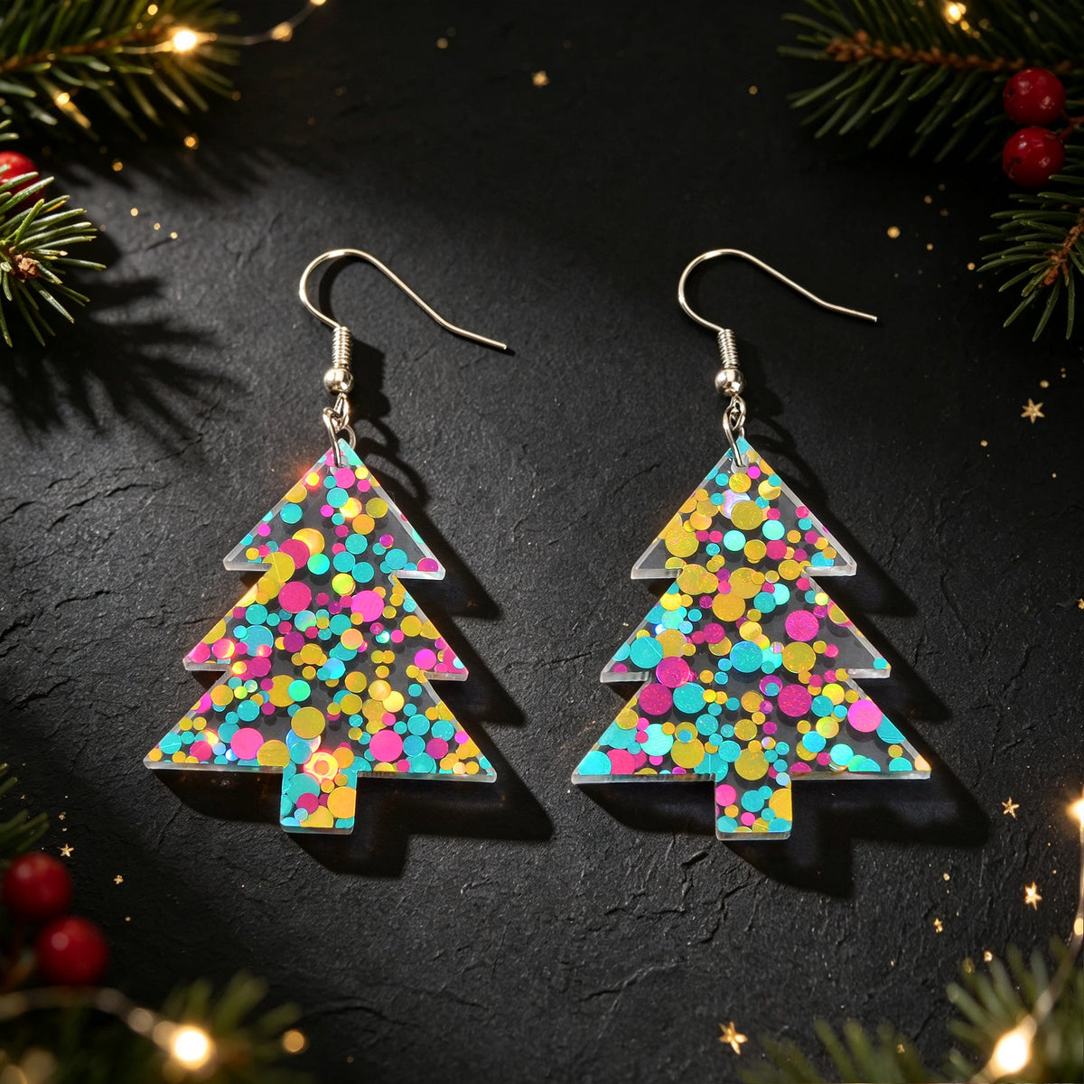 Glitter Colorful Christmas Tree Acrylic Dangle Earrings Cute Festival Party Jewelry-2