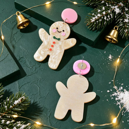 Cream Glitter Gingerbread Man Christmas Drop Earrings Festive Party Jewelry Gift-3