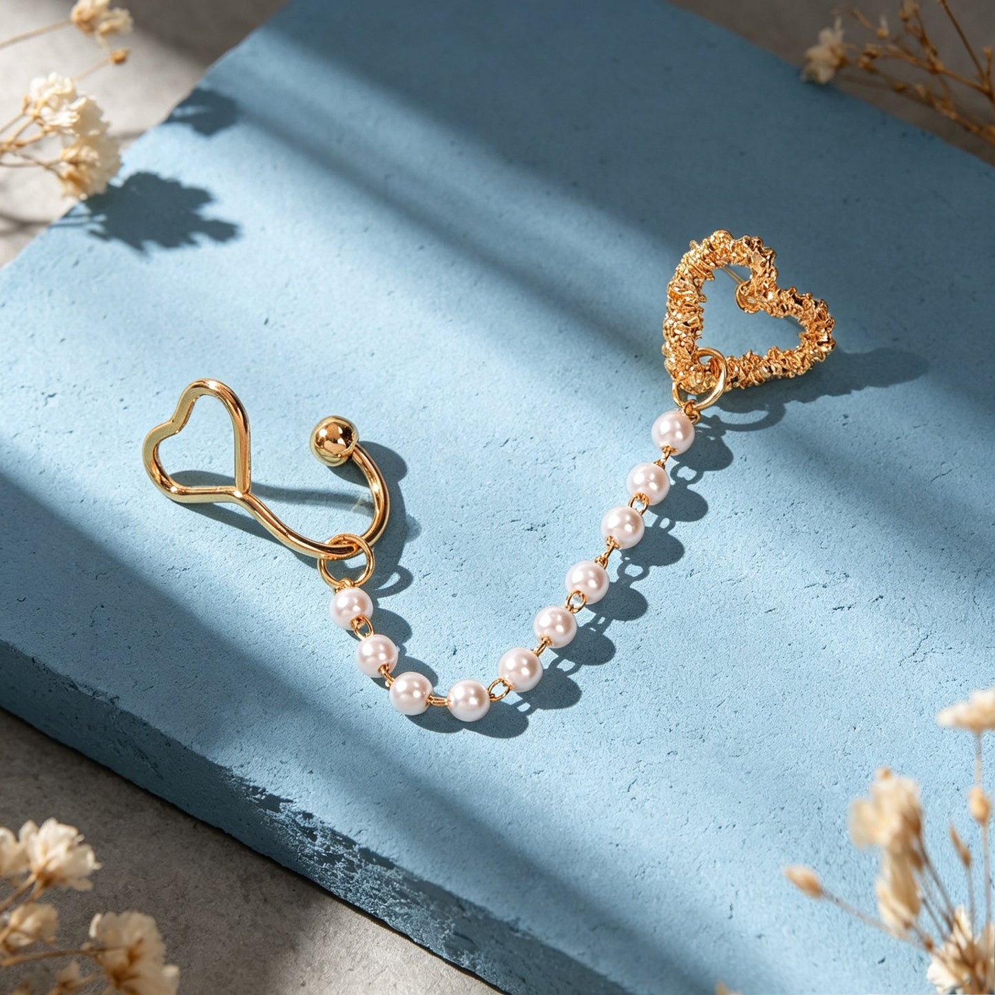 1 pc Gold Heart Imitation Pearl Chain Ear Cuff Climber Earring Romantic Dating Jewelry Festival Gift-3
