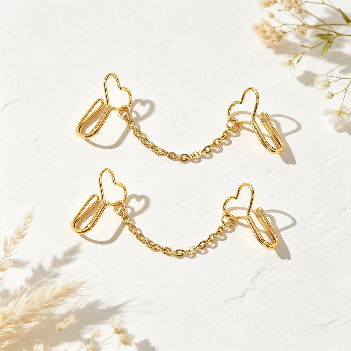 2pcs Heart Chain Linked Ear Cuff Punk Street Gold Non-Pierced Cartilage Ear Clip-3