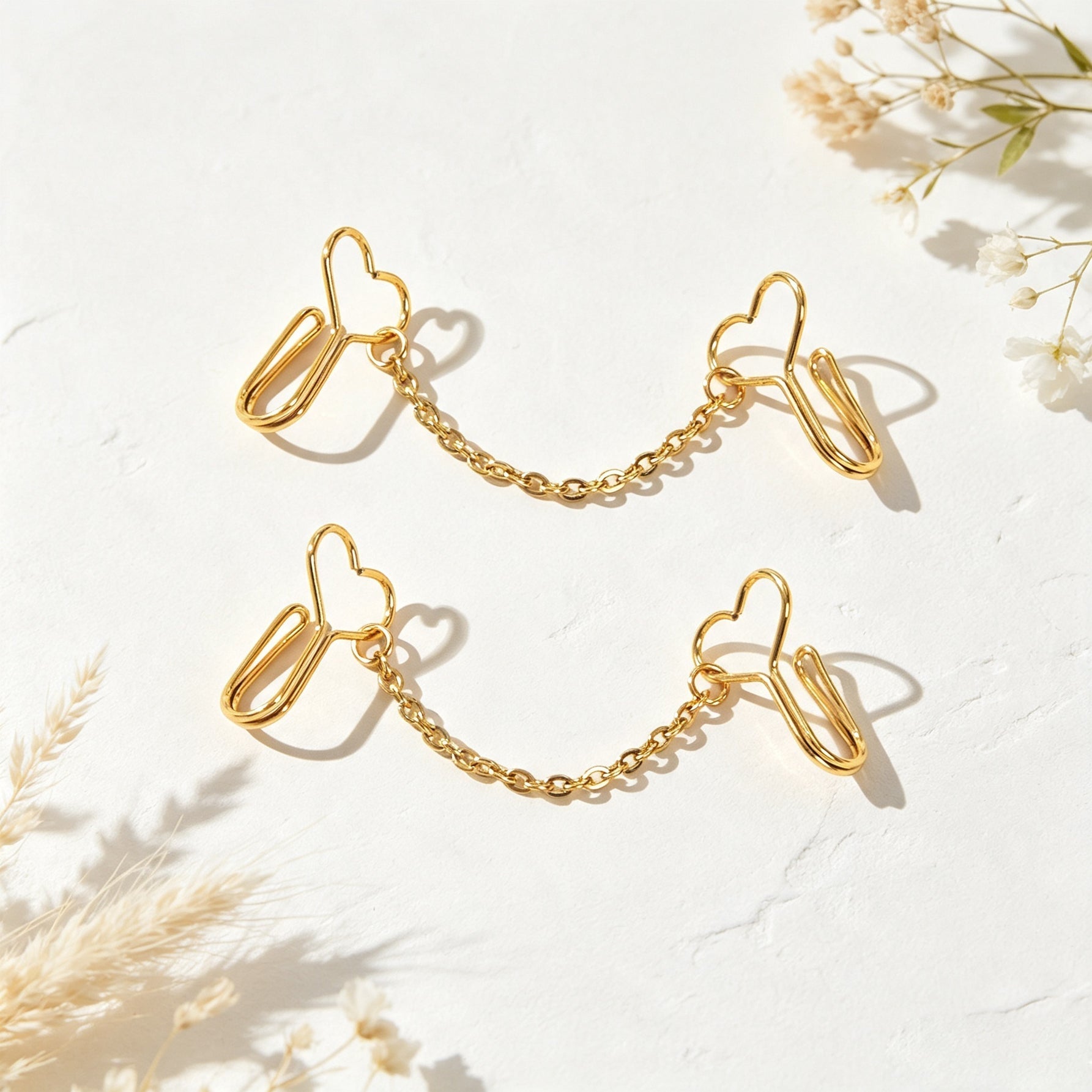2pcs Heart Chain Linked Ear Cuff Punk Street Gold Non-Pierced Cartilage Ear Clip-3