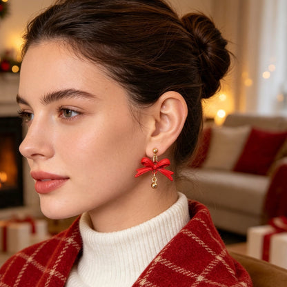Christmas Jewelry Red PU Leather Bow Dangle Earrings Sweet Cute Party Festival Accessories-3