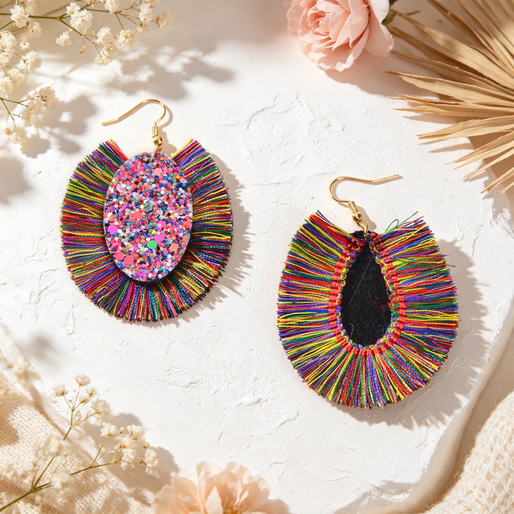 Boho Colorful Tassel Sequin Oval Dangle Earrings Chunky Summer Beach Vacation Statement Jewelry-4