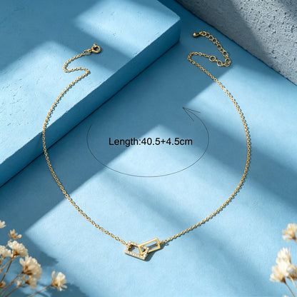 Gold Geometric Crystal Inlaid Square Link Pendant Necklace Minimalist Jewellery-3
