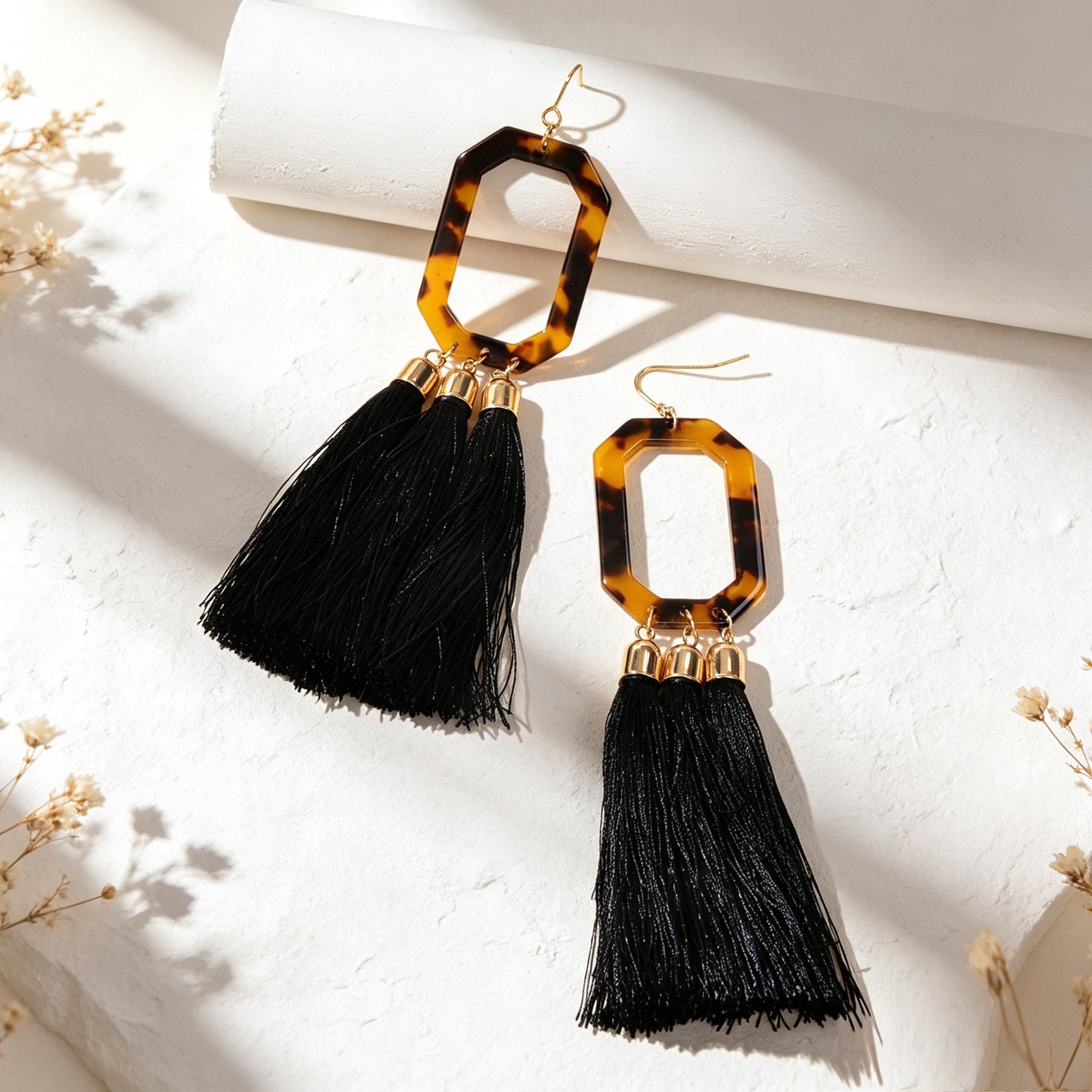 Acrylic Geometric Black Long Tassel Dangle Earrings Bohemian Jewelry for Beach Vacation Holiday-3
