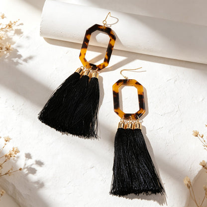 Acrylic Geometric Black Long Tassel Dangle Earrings Bohemian Jewelry for Beach Vacation Holiday-3
