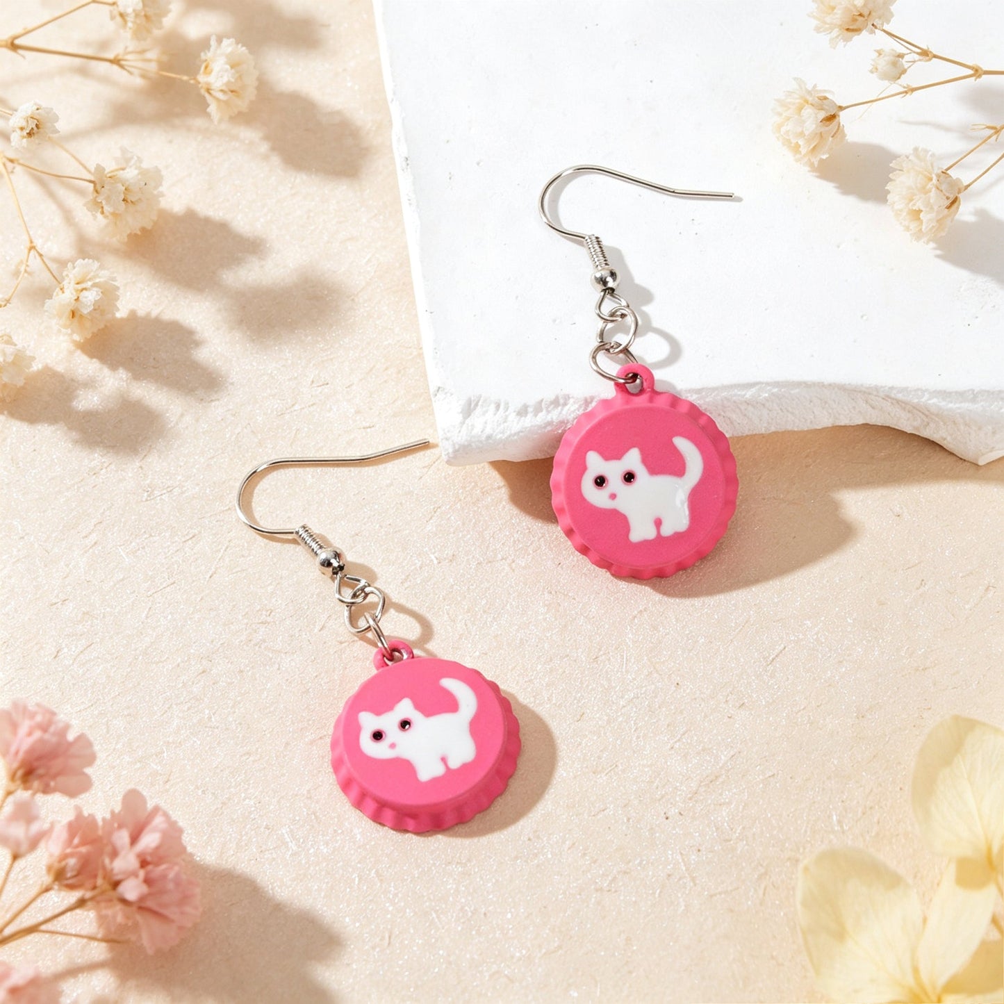 Cute White Cat Hotpink Bottle Cap Dangle Earrings Sweet Jewelry for Daily Party Gift-3