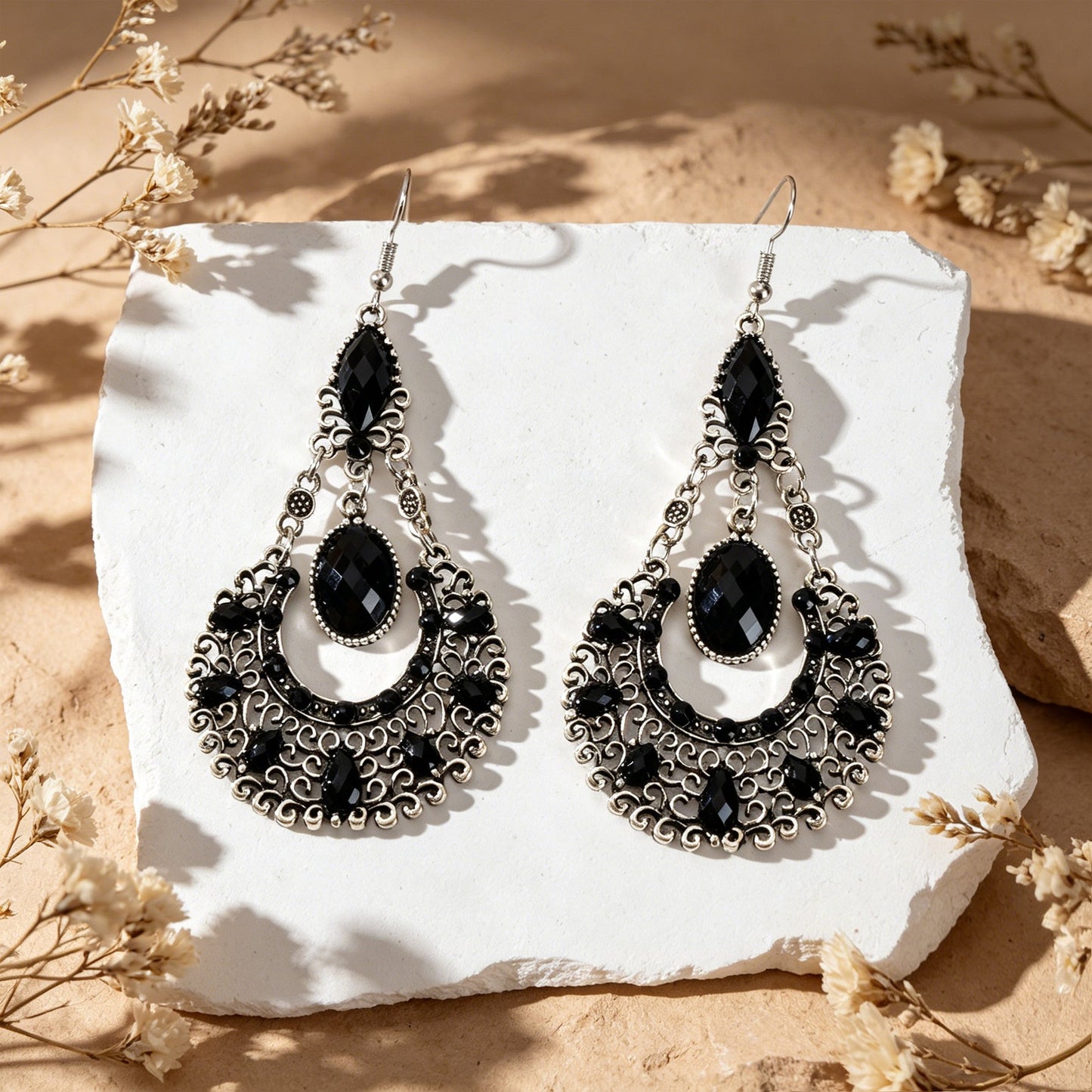 Boho Beads Decor Antique Silver Water Drop Dangle Earrings Beach Vacation Travel Jewelry-1