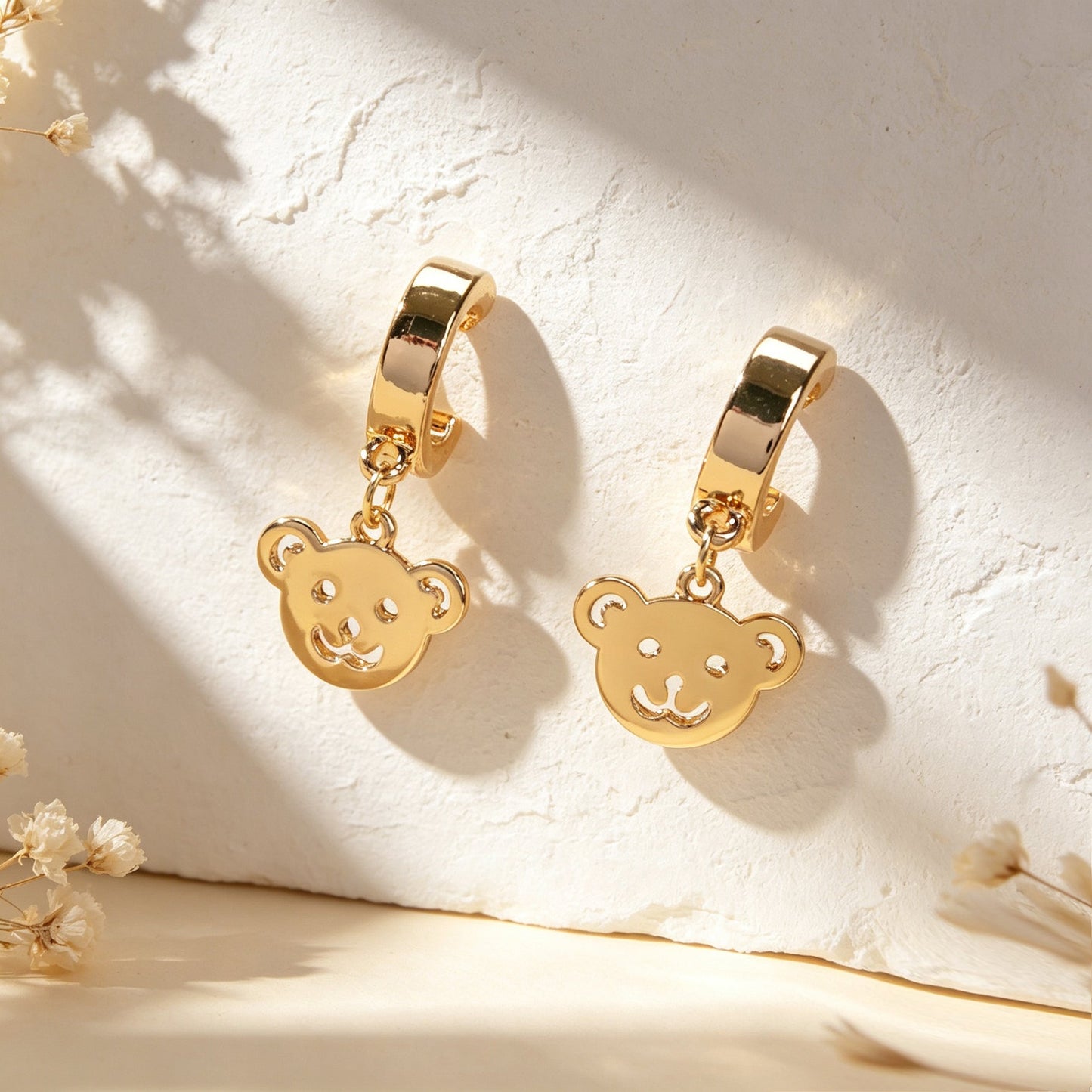 Cartoon Gold Smiley Bear Head Dangle Earrings Cute Animal Element Jewelry Birthday Gift-3