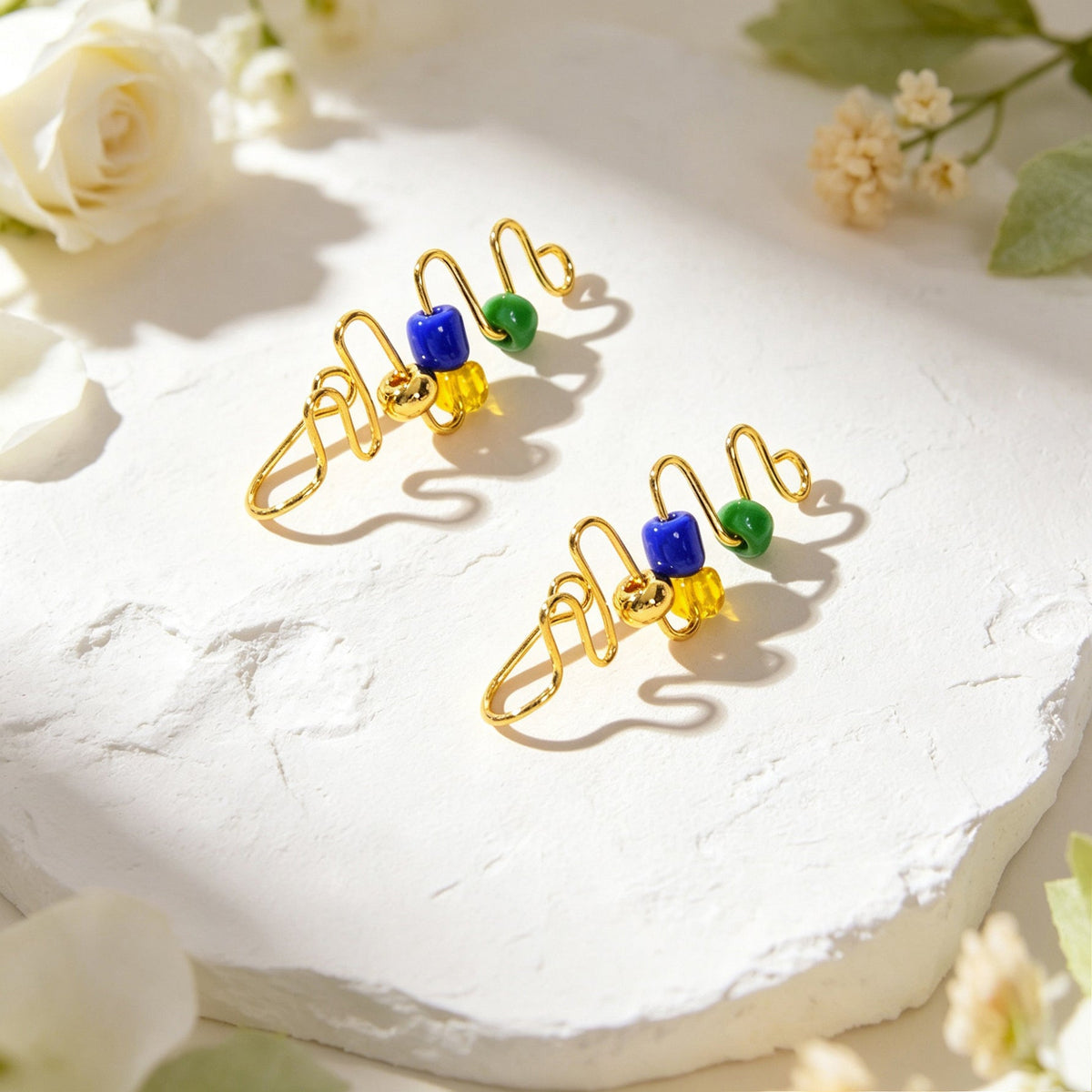 2pcs Wavy Gold Ear Cuff No Piercing Summer Rainbow Bead Ear Wrap Clip On Earring-3