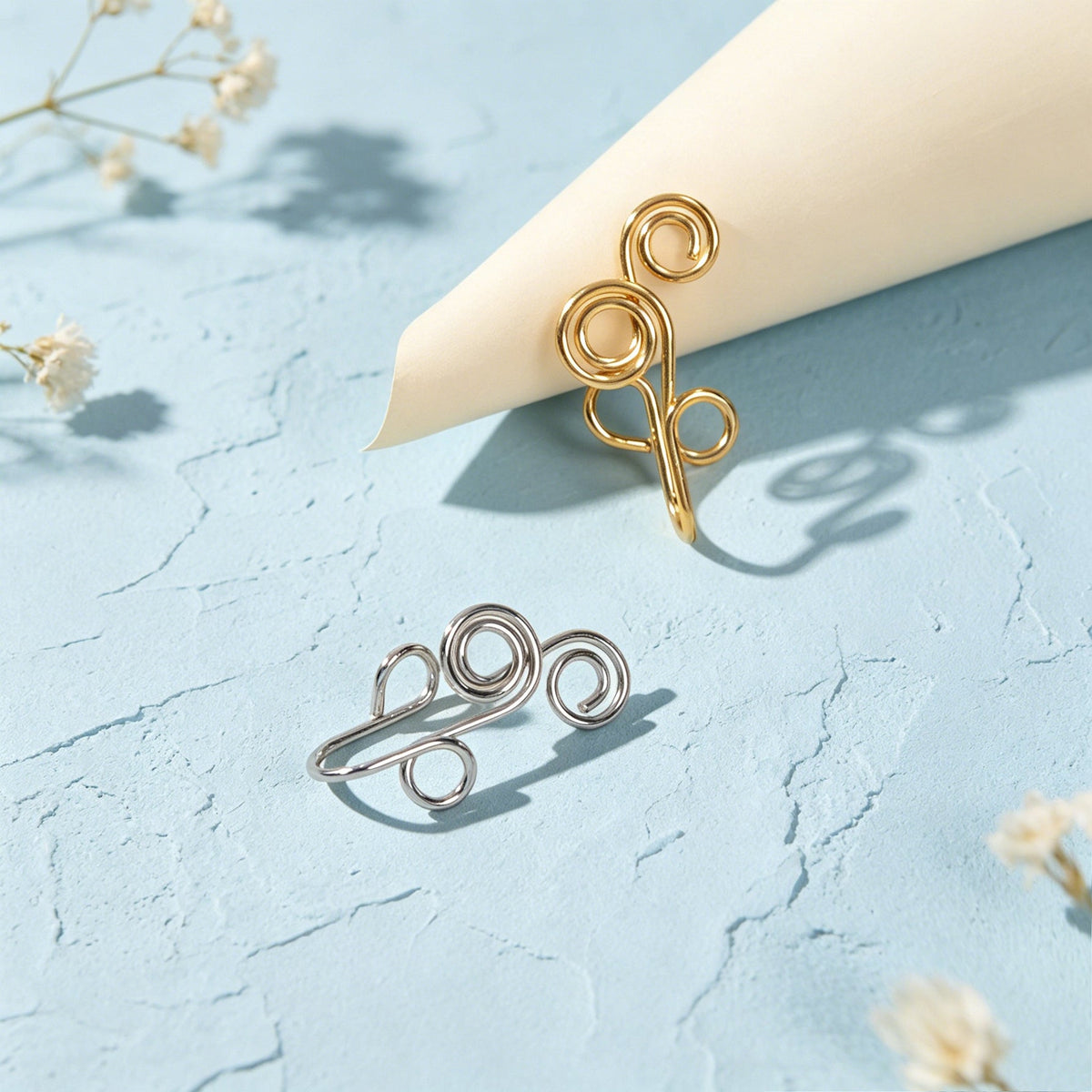 2pcs Minimalist Gold Silver Handmade Wire Triple Spiral Geometric Ear Clip Cuff-3