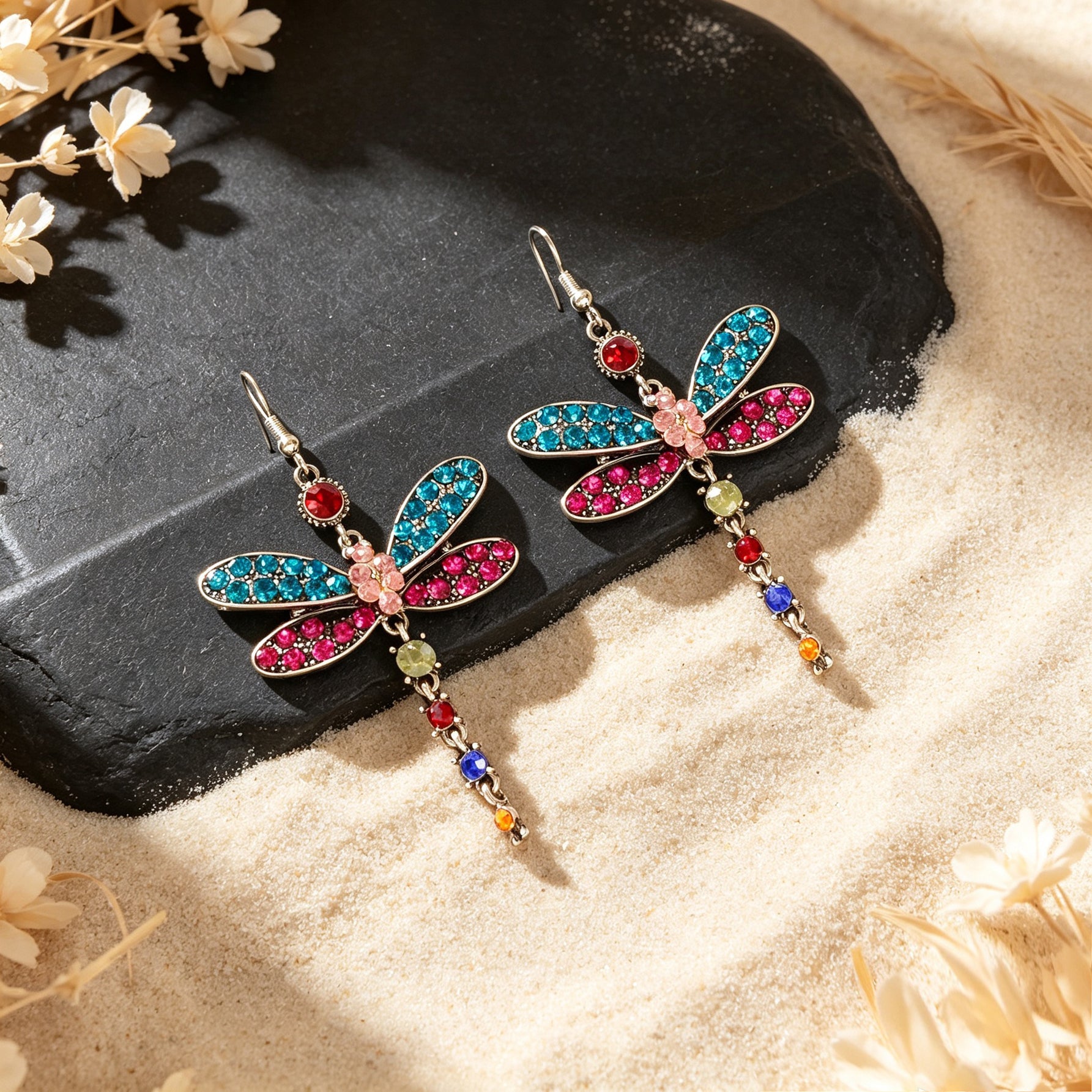 Sparkling Colorful Dragonfly Dangle Earrings Boho Beach Vacation Party Jewelry-4
