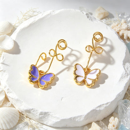 2pcs Colorful Enamel Butterfly Dangle Ear Cuffs Gold Non-Pierced Earrings Gift-3