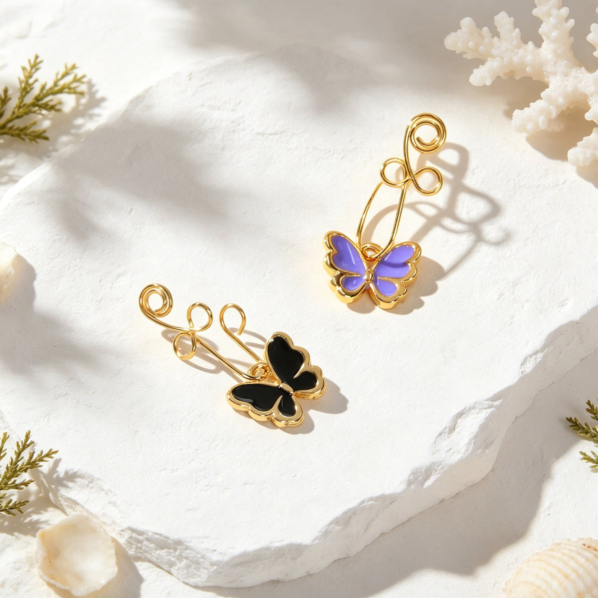 Trendy Enamel Butterfly Dangle Ear Cuffs No Piercing Gold Non-Pierced Ear Clips-3