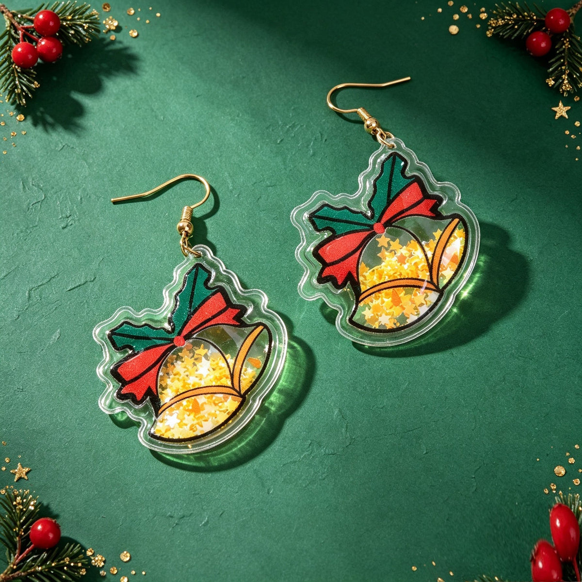 Glitter Christmas Bell Acrylic Dangle Earrings Star Bow Decor Cute Festive Gathering Jewelry Gift-3
