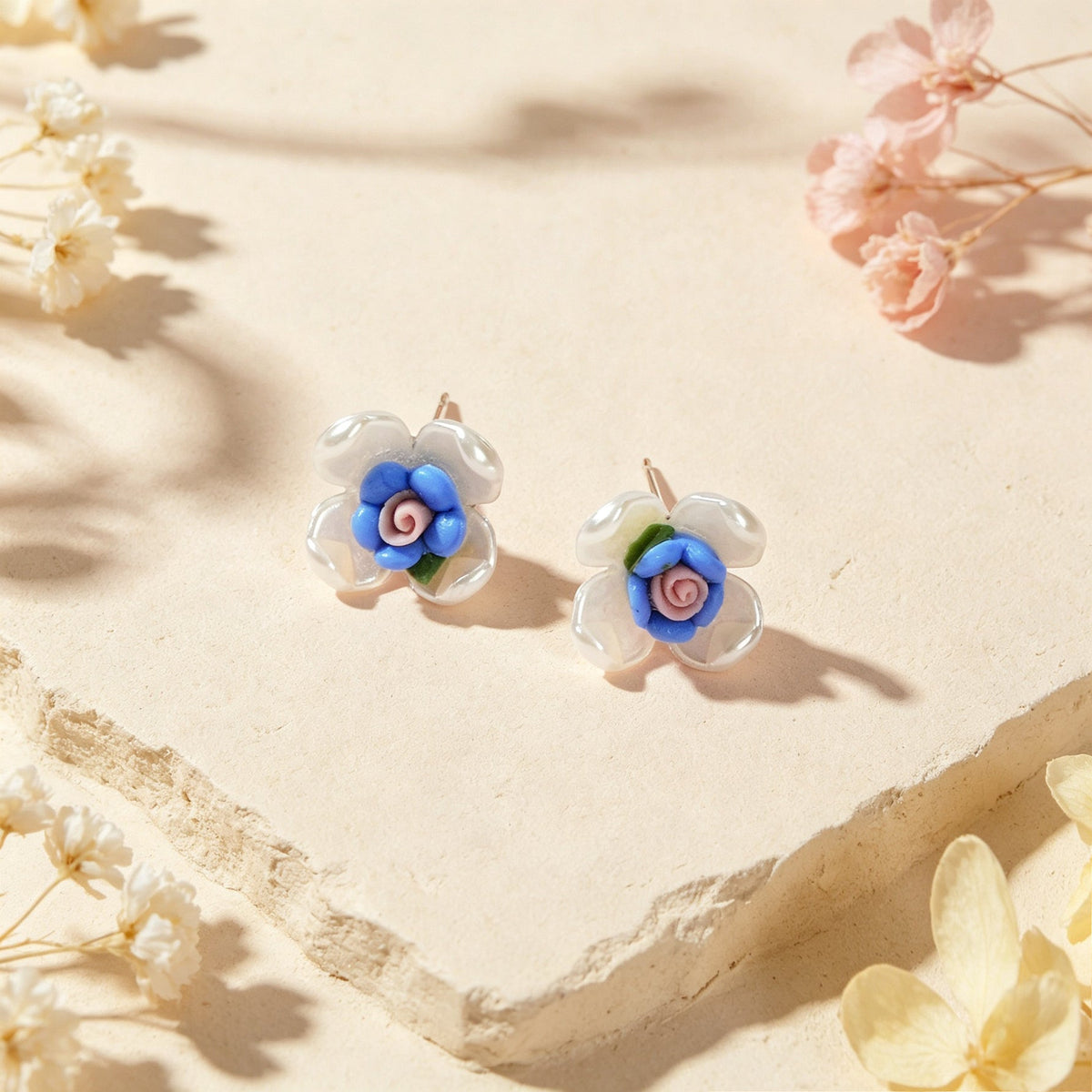 Cute Small Flower Stud Earrings White Blue Resin Petal Design Romantic Daily Dating Jewelry-4